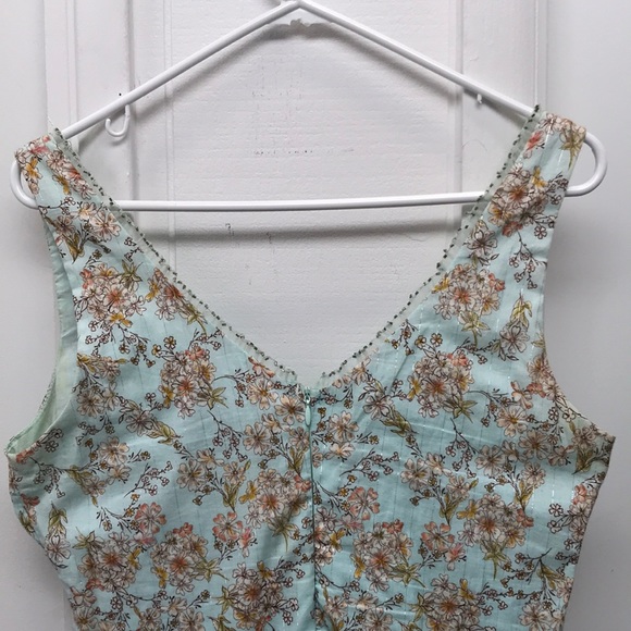 Floral Sky Blue Midi-Dress w/ Bead & Tulle Trim - Picture 4 of 7